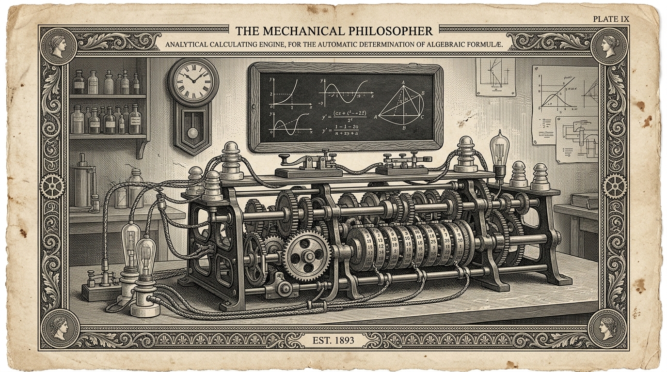 An engraved schematic of an intricate Victorian mechanical analytical engine with brass differential gears, telegraph tickers, and mathematical proof cylinders.
