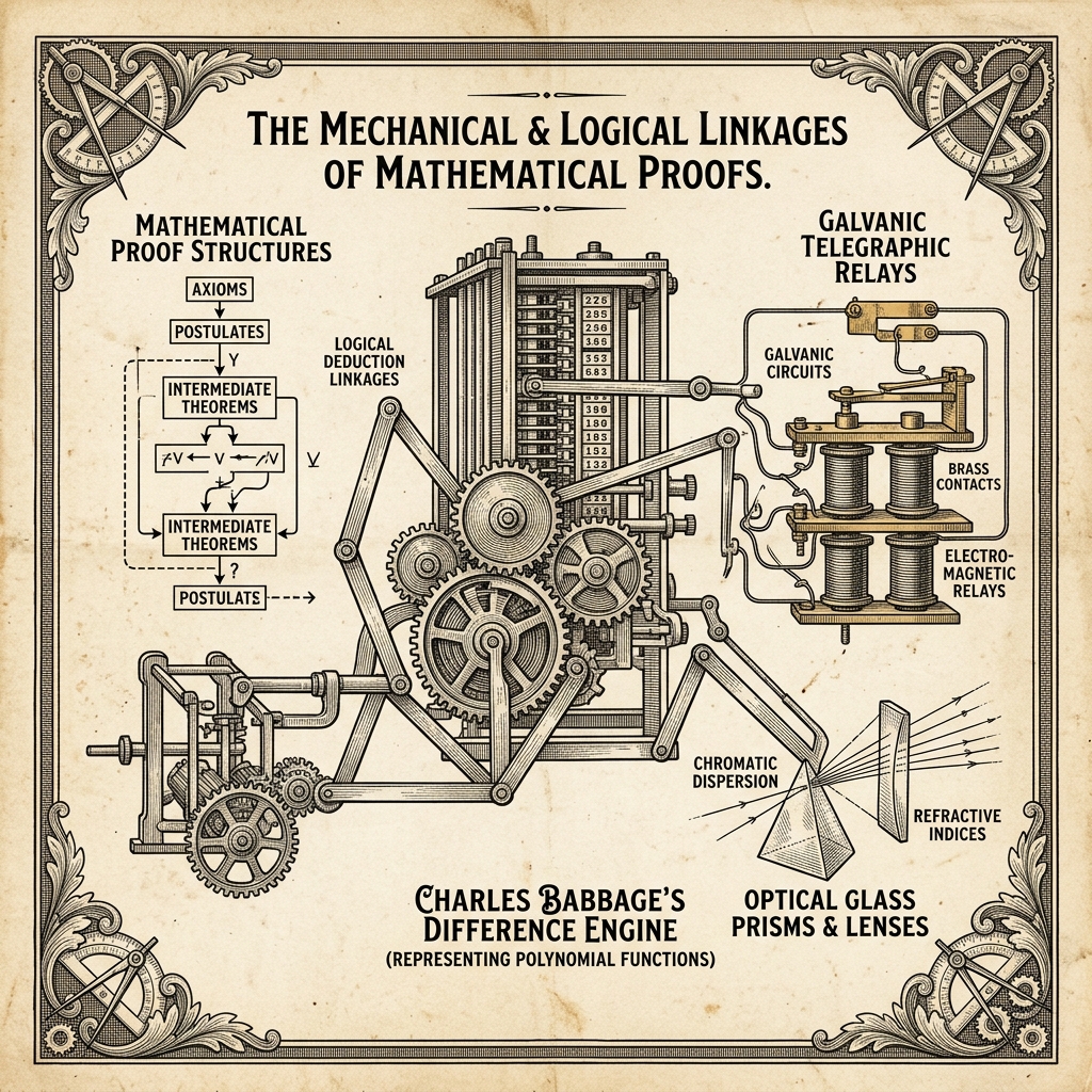 An engraved diagram of mechanical mathematical proof linkages, Charles Babbage's difference engine, galvanic telegraphic relays, and optical glass prisms on aged newsprint parchment.
