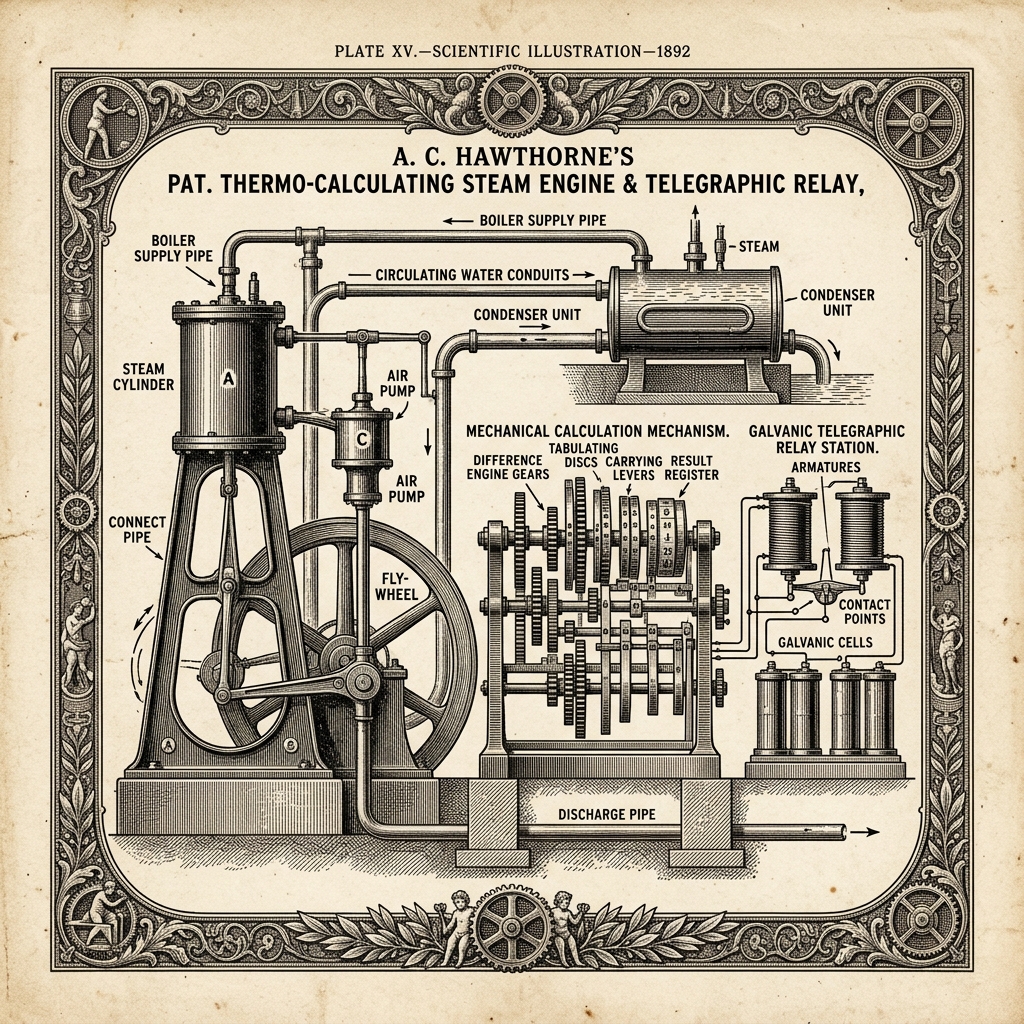 An engraved scientific diagram of A. C. Hawthorne's patent thermo-calculating steam engine, circulating water conduits, difference engine calculation mechanism, and galvanic telegraphic relay on aged newsprint parchment.
