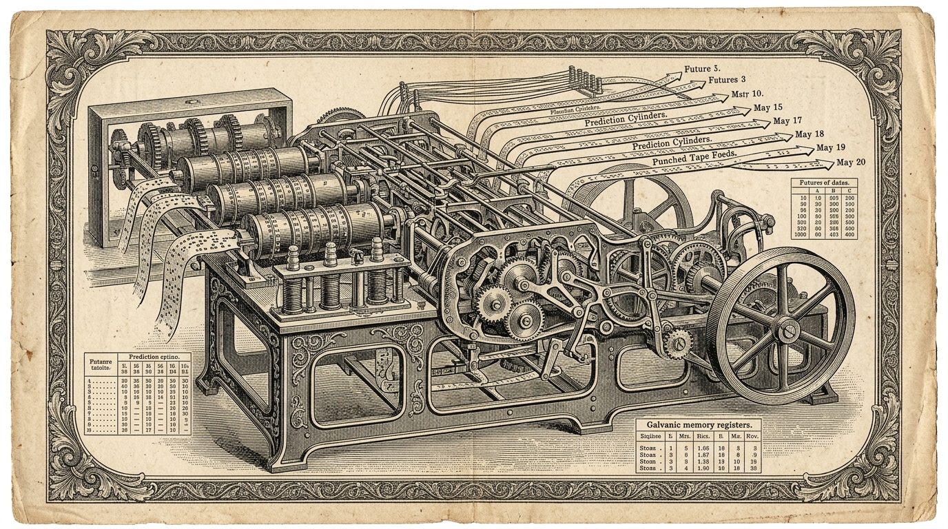 An engraved schematic of an industrial calculating loom showing parallel prediction cylinders, punched tape feeds, and galvanic memory registers.